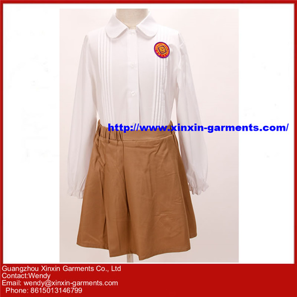 Custom Girls Primary School Uniforms Design 2 Pieces Set Long Sleeve White shirt With Skirt (U60)